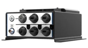 Compact industrial device with multiple circular connectors and a metal casing.